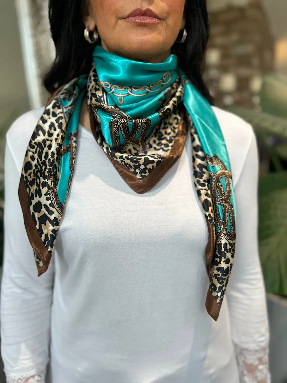 Teal Silk Style Leopard Edge Chain Scarf