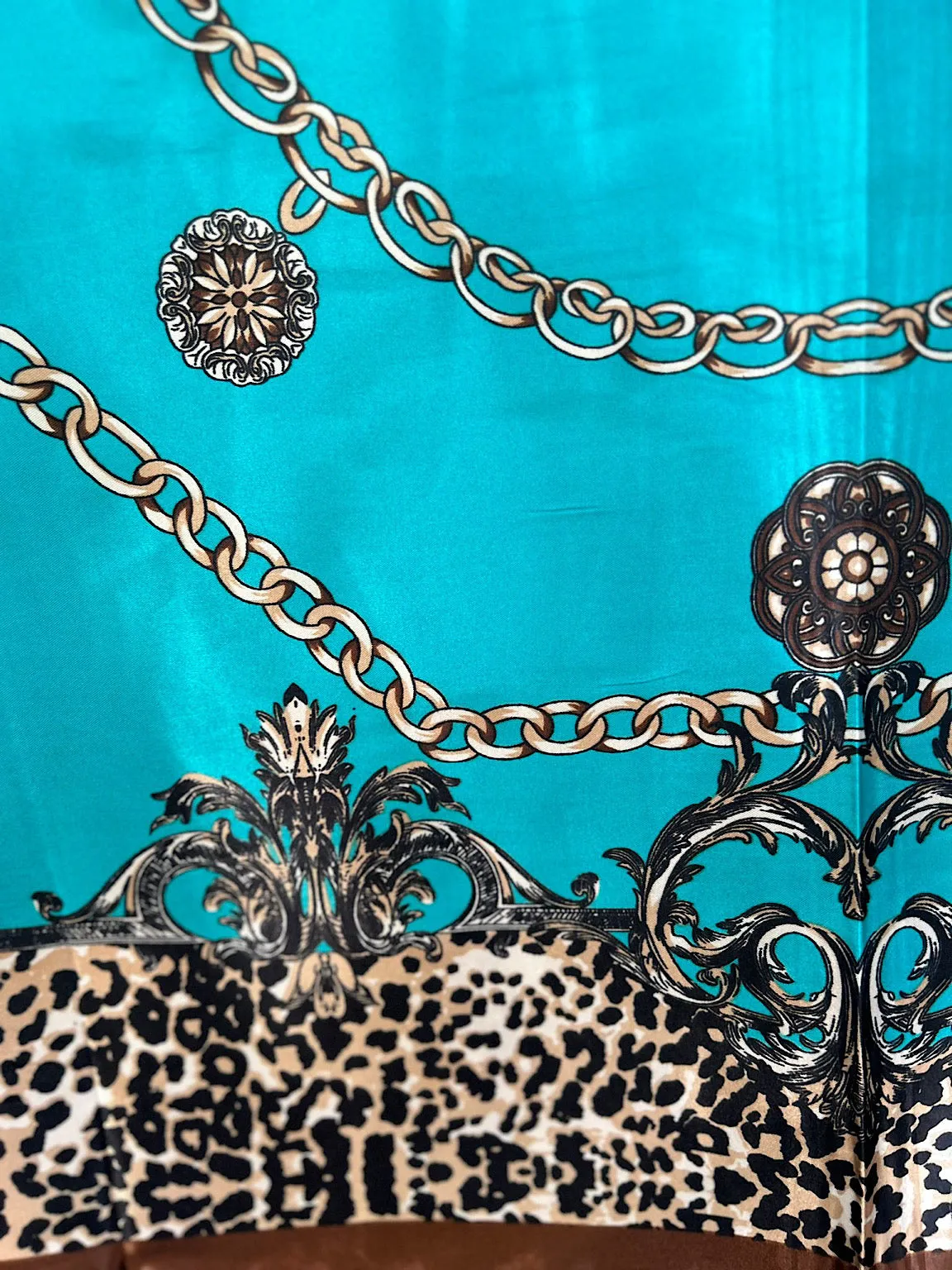 Teal Silk Style Leopard Edge Chain Scarf