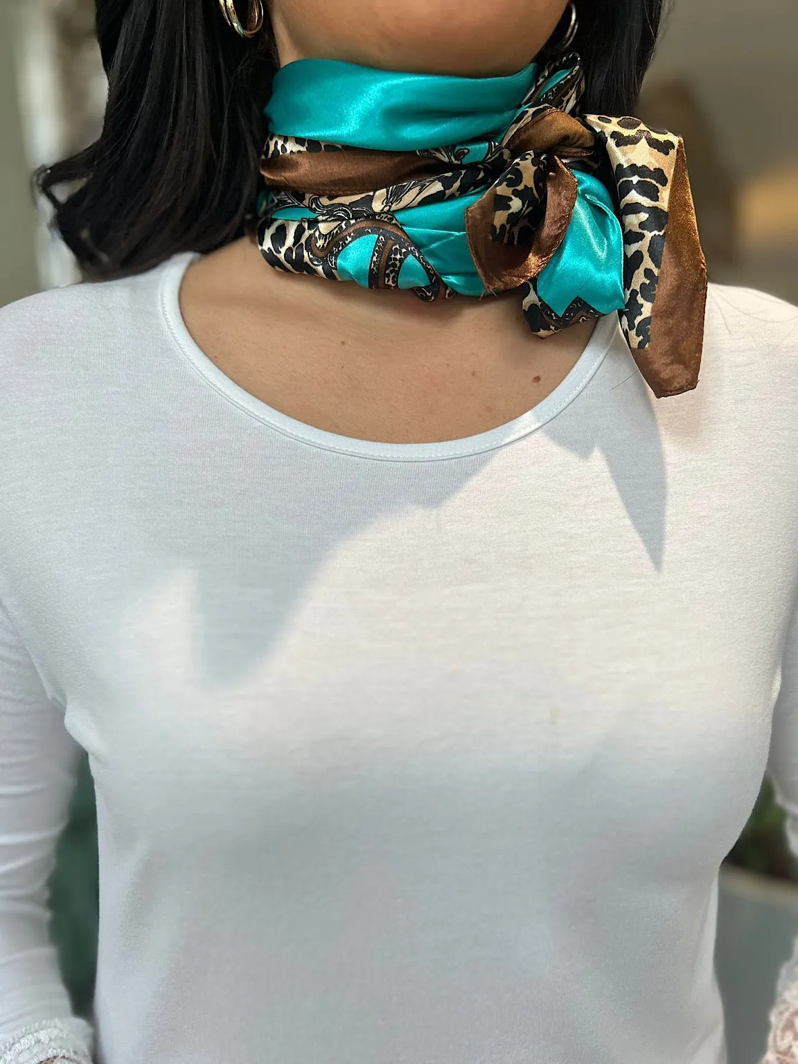 Teal Silk Style Leopard Edge Chain Scarf