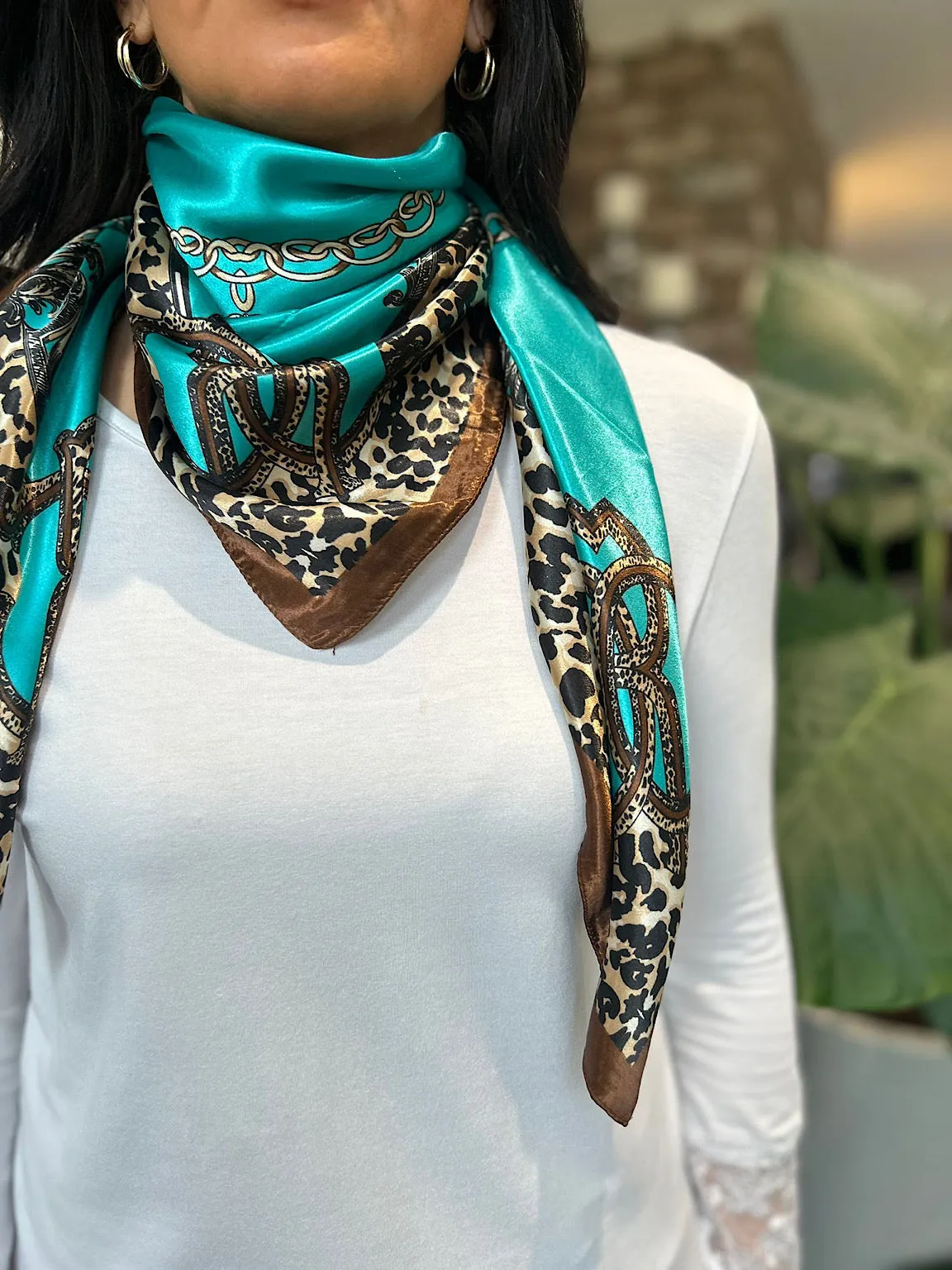 Teal Silk Style Leopard Edge Chain Scarf