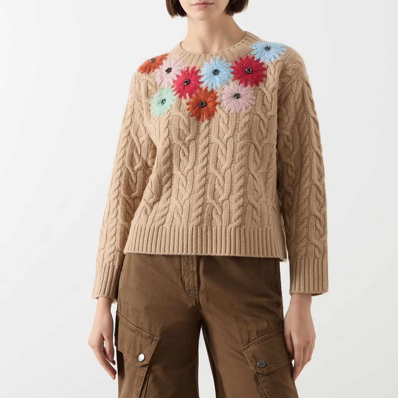 WEEKEND MAX MARA Sasia Flower Embroidered Cable Knit Sweater - Camel