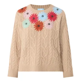 WEEKEND MAX MARA Sasia Flower Embroidered Cable Knit Sweater - Camel