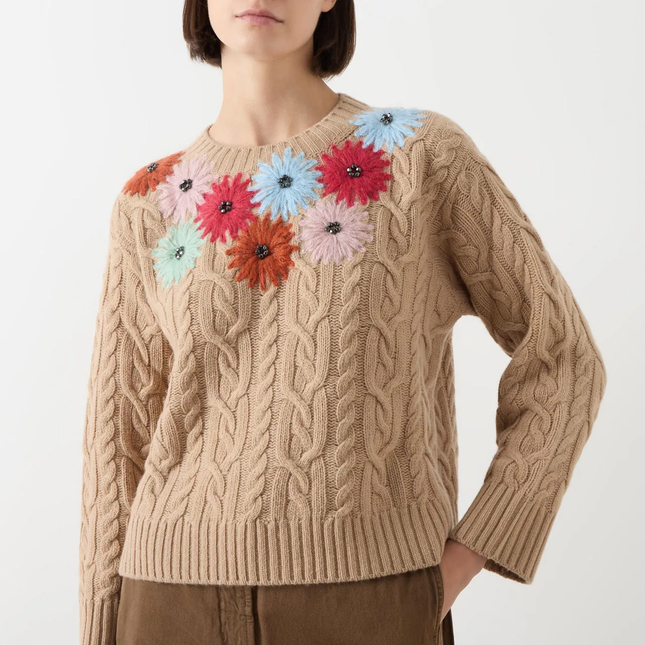 WEEKEND MAX MARA Sasia Flower Embroidered Cable Knit Sweater - Camel