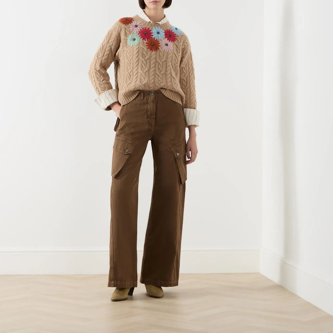 WEEKEND MAX MARA Sasia Flower Embroidered Cable Knit Sweater - Camel