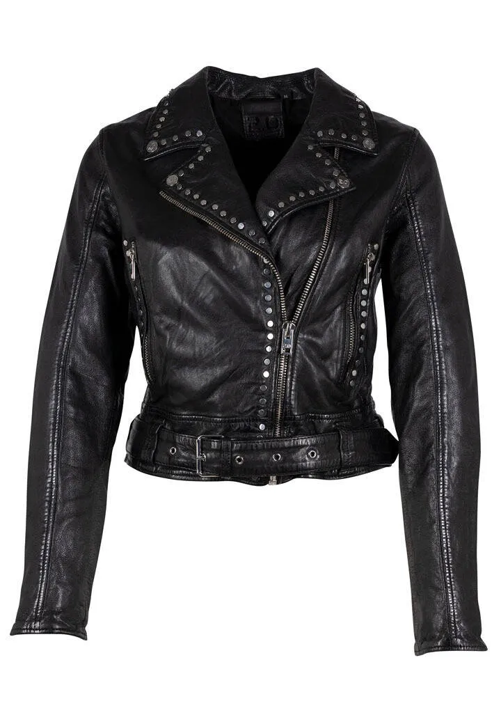 Women's black biker leather jacket \2101-0198\