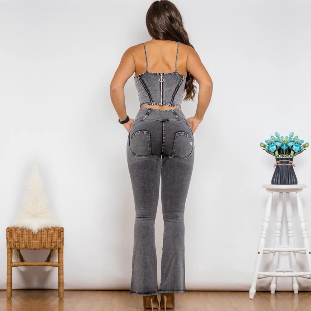 Women's Gray Zipper Top High Waist Push Up Flare Jeans Yoga Outfit Set