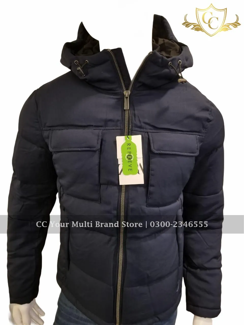 ZR Man Navy Blue Wool Effect Puffer Jacket with Hood (403)