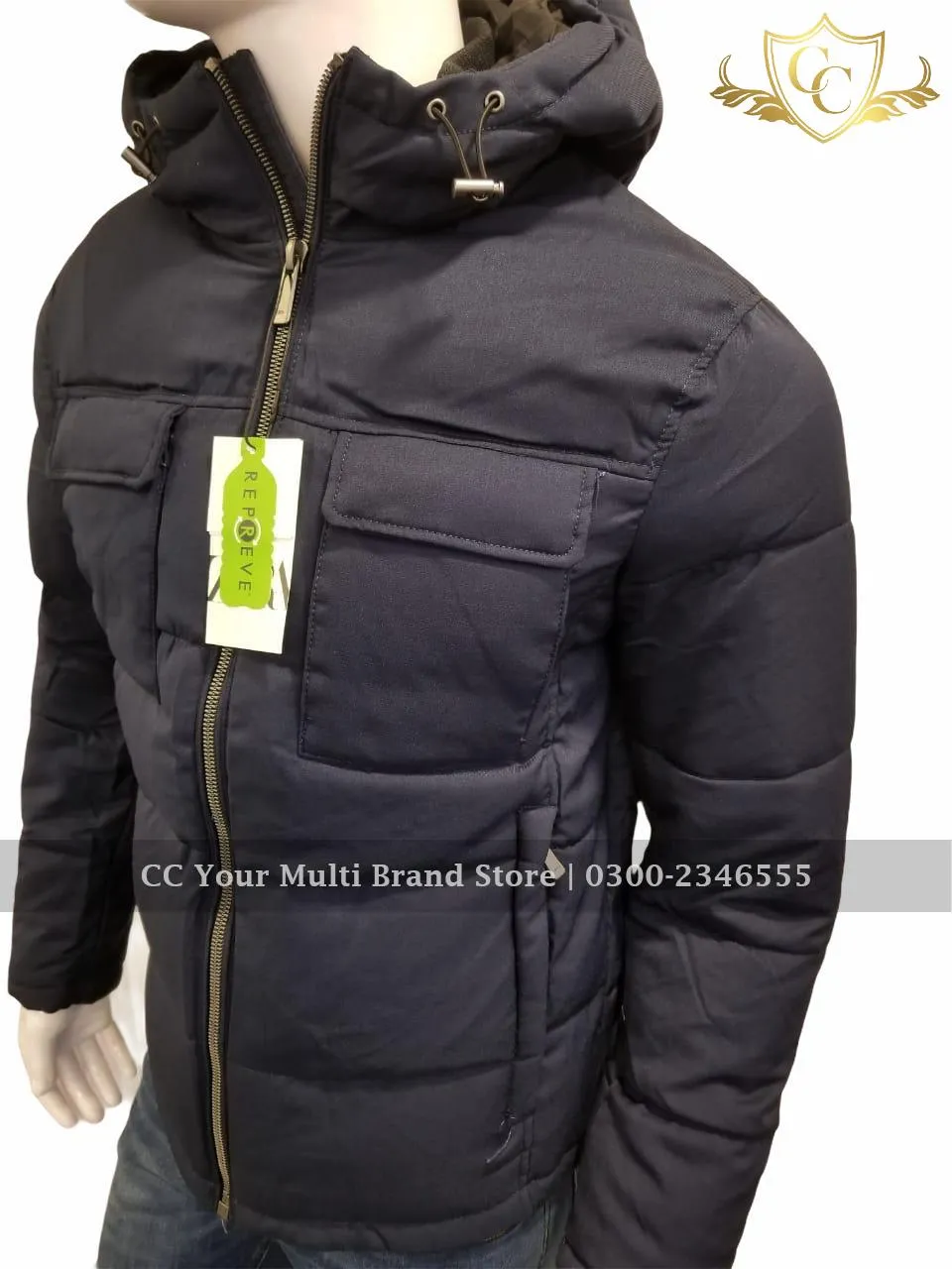 ZR Man Navy Blue Wool Effect Puffer Jacket with Hood (403)